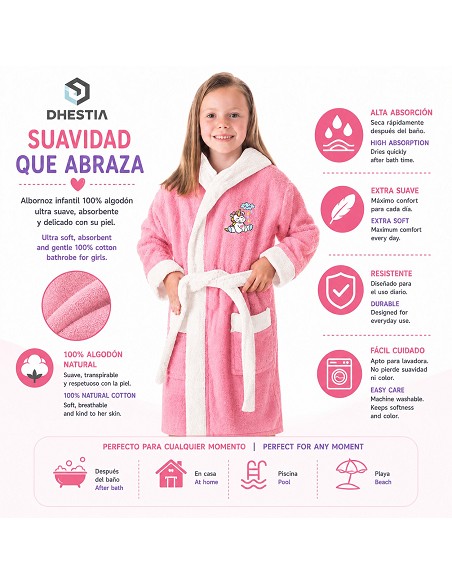 Albornoz Niñas Infantil y Adolescentes 100% Algodón Capucha y Bolsillos