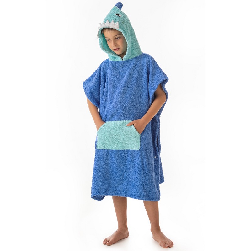 Poncho Infantil Tejido 100% Algodón Natural Modelo Shark Blu