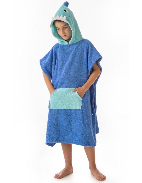 Poncho Infantil Tejido 100% Algodón Natural Modelo Shark Blu