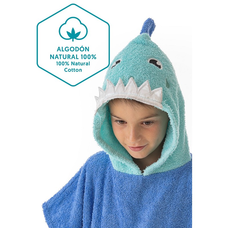 Poncho Infantil Tejido 100% Algodón Natural Modelo Shark Blu