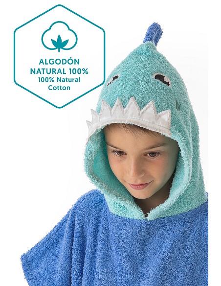 Poncho Infantil Tejido 100% Algodón Natural Modelo Shark Blu