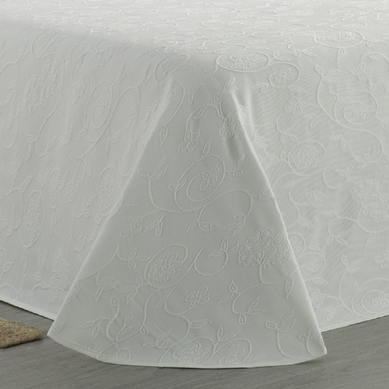 Colcha Piqué Flores Relieve Modelo Floritura Blanca