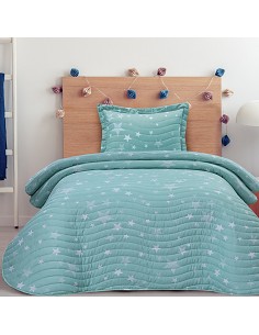 Colcha Bouti Cosida Infantil y Juvenil con Cojín Modelo Estrellas Stars Agua