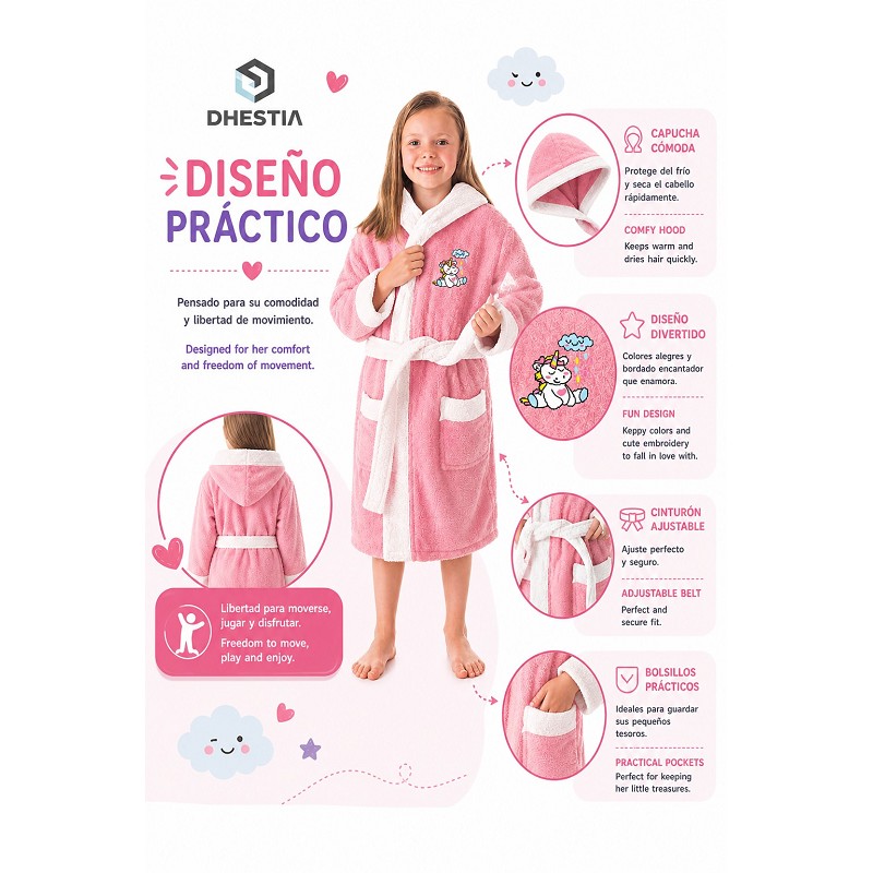 Albornoz de Baño Infantil Capucha para Niñas Blanc Unicorn 100% Algodón