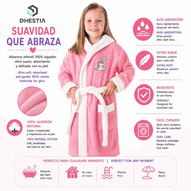 Albornoz de Baño Infantil Capucha para Niñas Blanc Unicorn 100% Algodón