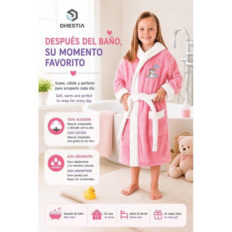 Albornoz de Baño Infantil Capucha para Niñas Blanc Unicorn 100% Algodón