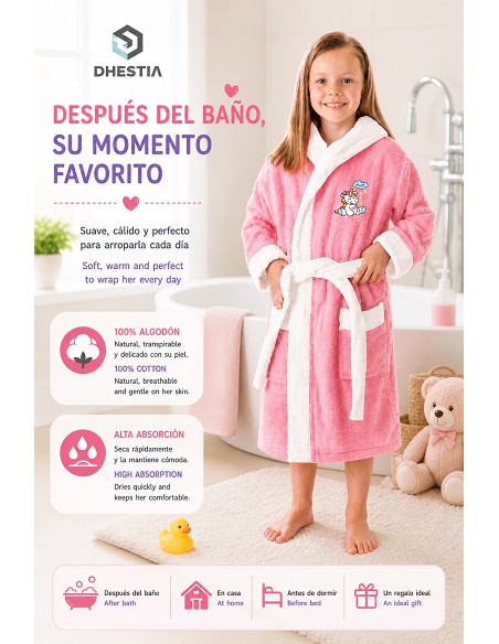 Albornoz de Baño Infantil Capucha para Niñas Blanc Unicorn 100% Algodón