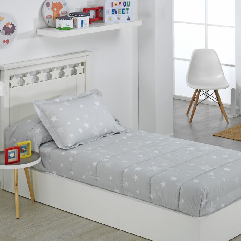 Edredon Ajustable Cama Juvenil e Infantil Relleno 350gr Diseño Estrellas Gris
