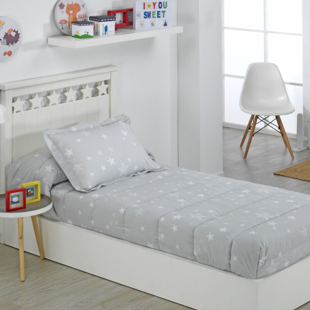 Edredon Ajustable Cama Juvenil e Infantil Relleno 350gr Diseño Estrellas Gris