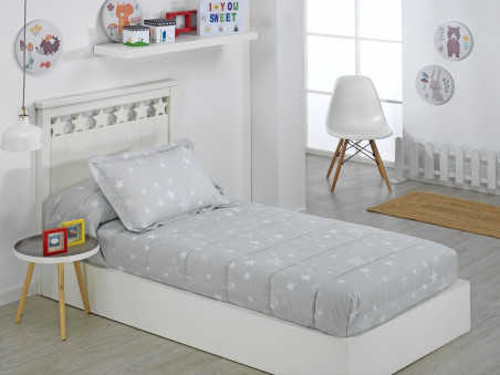 Edredon Ajustable Cama Juvenil e Infantil Relleno 350gr Diseño Estrellas Gris