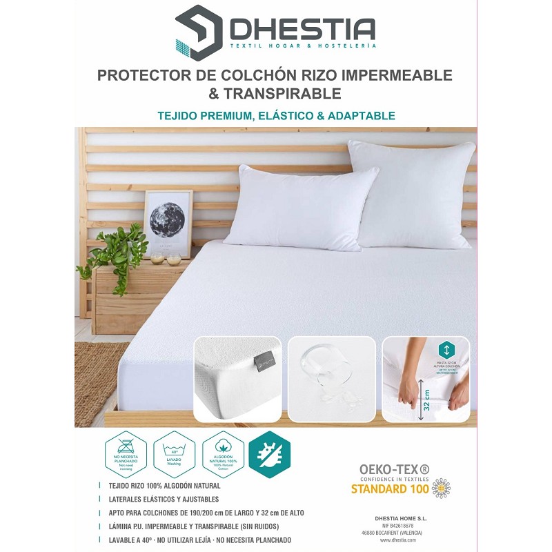 Protector de Colchon Impermeable - Tejido Premium 100% Algodón - Laterales Elásticos - OEKO-TEX
