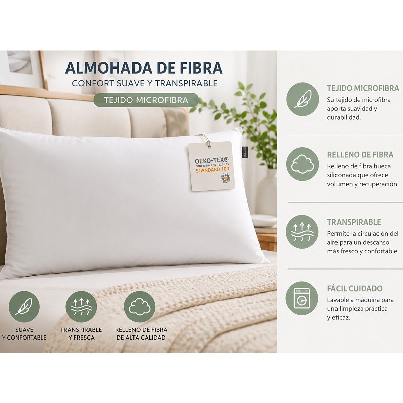 Almohada de Fibra Hueca Siliconada - Tejido Suave Microfibra - Firmeza Media - Oeko-Tex