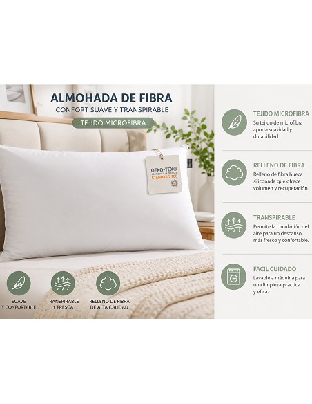 Almohada de Fibra Hueca Siliconada - Tejido Suave Microfibra - Firmeza Media - Oeko-Tex