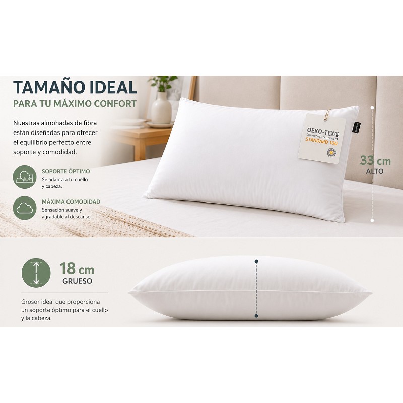 Almohada de Fibra Hueca Siliconada - Tejido Suave Microfibra - Firmeza Media - Oeko-Tex