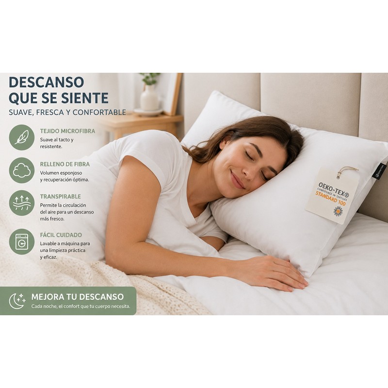 Almohada de Fibra Hueca Siliconada - Tejido Suave Microfibra - Firmeza Media - Oeko-Tex