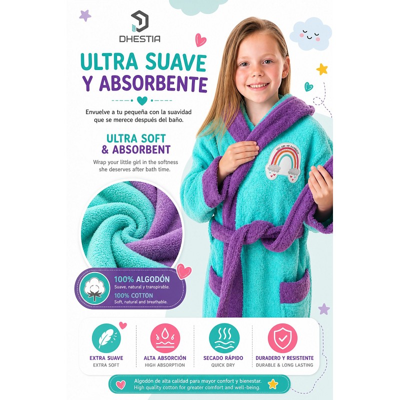 Comprar Albornoz Infantil Niña Algodón Natural 100% Capucha y Bolsi...