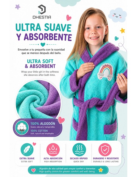 Comprar Albornoz Infantil Niña Algodón Natural 100% Capucha y Bolsi...