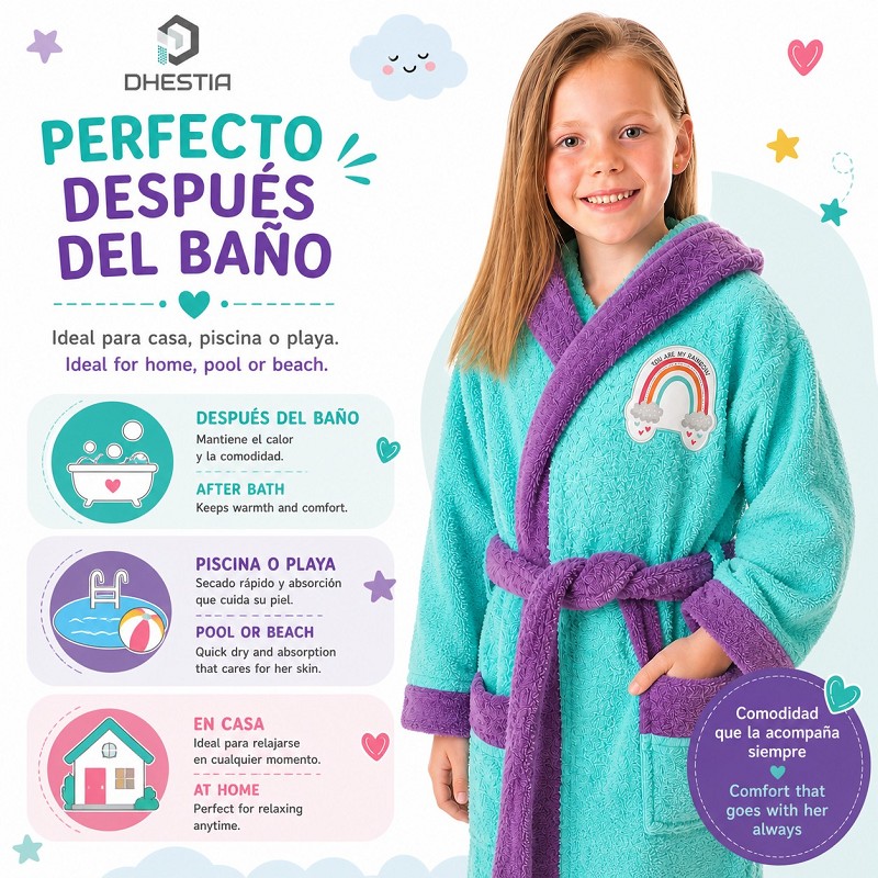 Comprar Albornoz Infantil Niña Algodón Natural 100% Capucha y Bolsi...