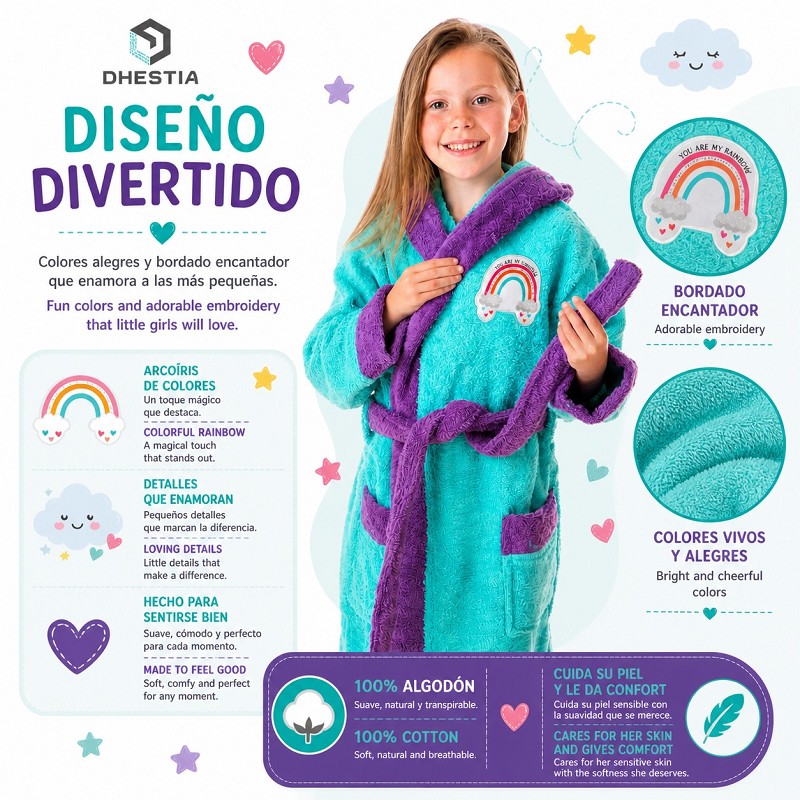 Comprar Albornoz Infantil Niña Algodón Natural 100% Capucha y Bolsi...
