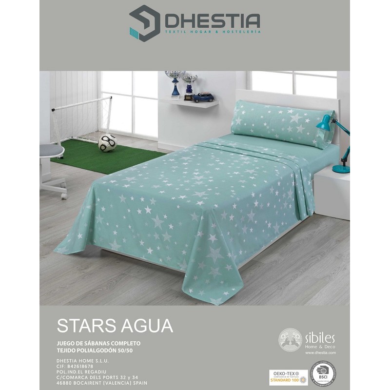 Juego de Sábanas Infantil y Juvenil Algodón y Poliéster 50/50 Diseño Estrellas Agua