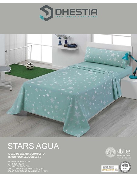 Juego de Sábanas Infantil y Juvenil Algodón y Poliéster 50/50 Diseño Estrellas Agua