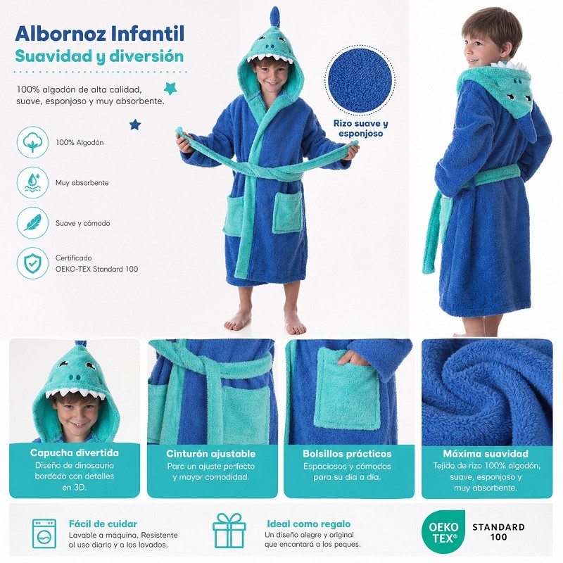 Albornoz Infantil Niño Algodón Natural 100% Capucha y Bolsillos Shark-Boy
