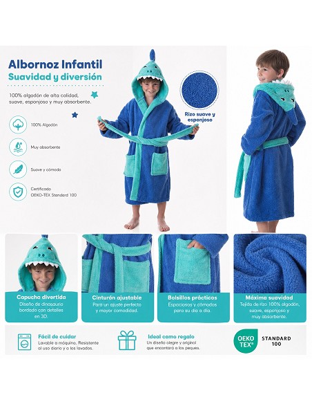 Albornoz Infantil Niño Algodón Natural 100% Capucha y Bolsillos Shark-Boy