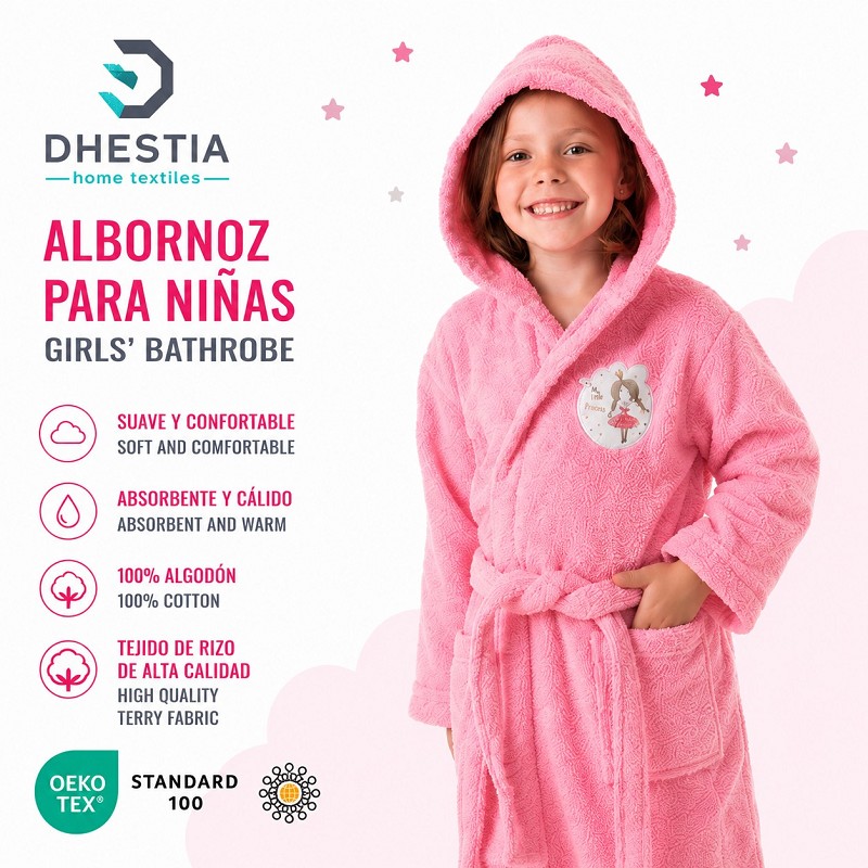 Albornoz Infantil Niña Algodón Natural 100% Capucha y Bolsillos Little Princess