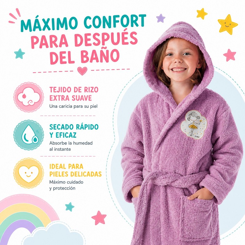 Albornoz Infantil Niña Algodón Natural 100% Capucha y Bolsillos Do Magic