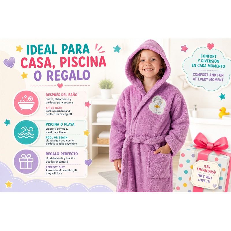 Albornoz Infantil Niña Algodón Natural 100% Capucha y Bolsillos Do Magic