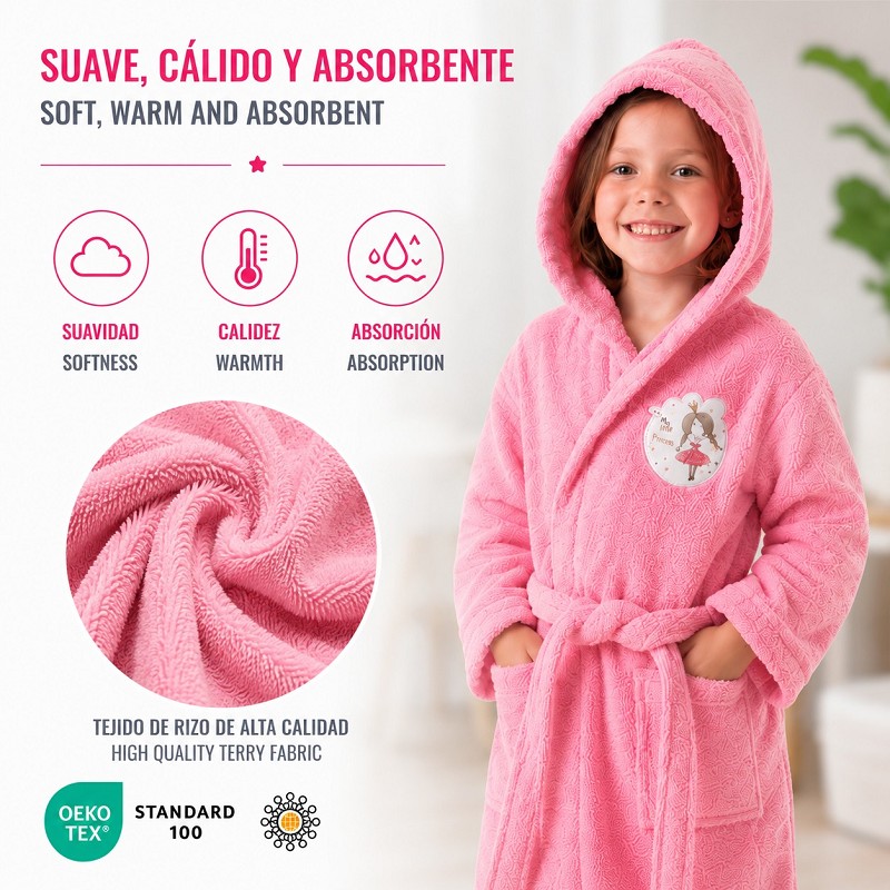 Albornoz Infantil Niña Algodón Natural 100% Capucha y Bolsillos Little Princess
