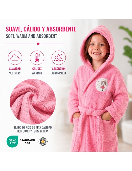 Albornoz Infantil Niña Algodón Natural 100% Capucha y Bolsillos Little Princess