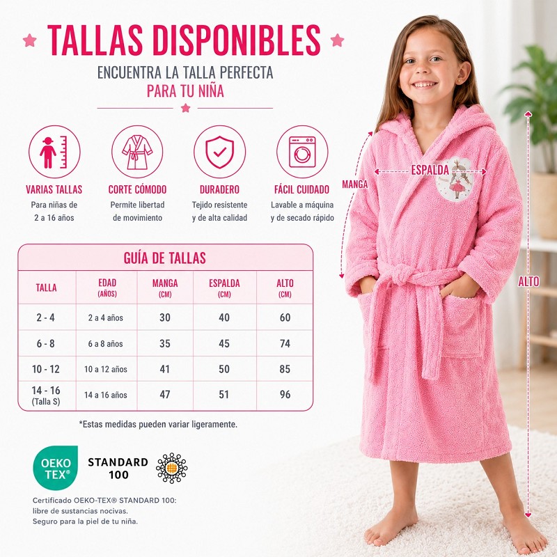 Albornoz Infantil Niña Algodón Natural 100% Capucha y Bolsillos Little Princess